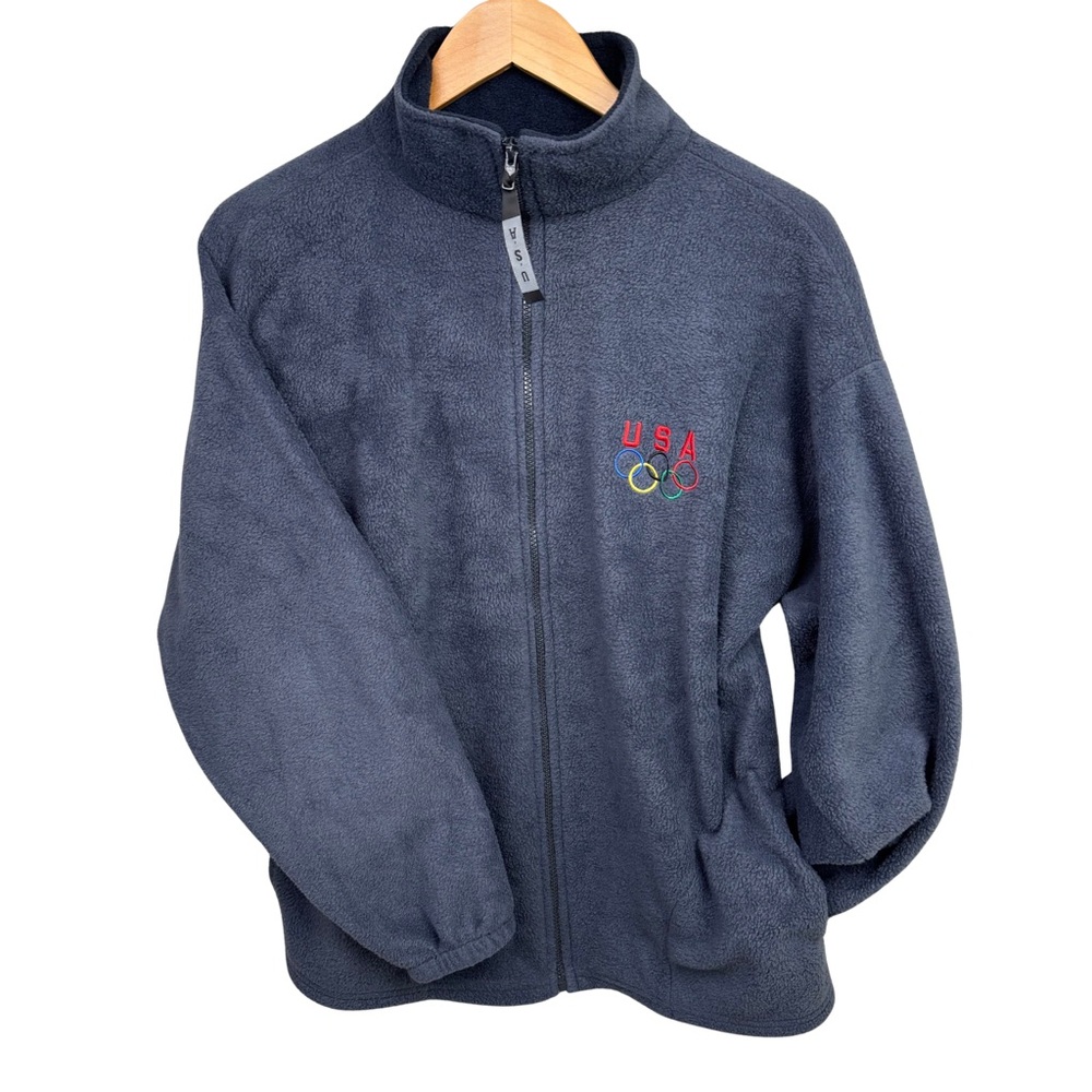 Olympics Fleece Jacket Mens L Blue Full Zip Embroidered Made in USA
